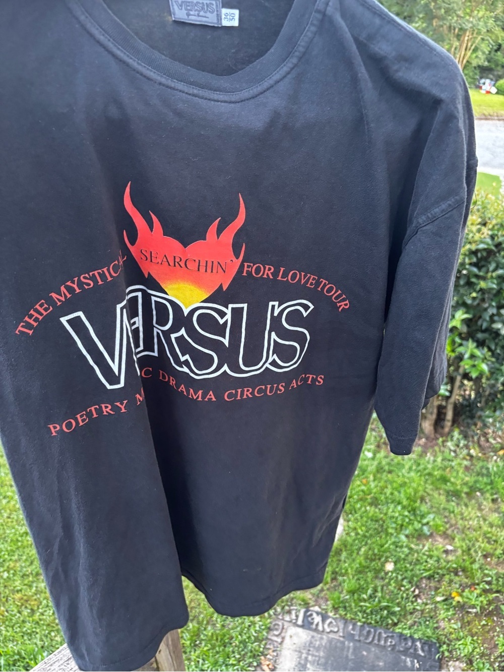 Vintage Versace Black Tee with Red and Yellow Flame Logo Searching for Love - Picture 13 of 15
